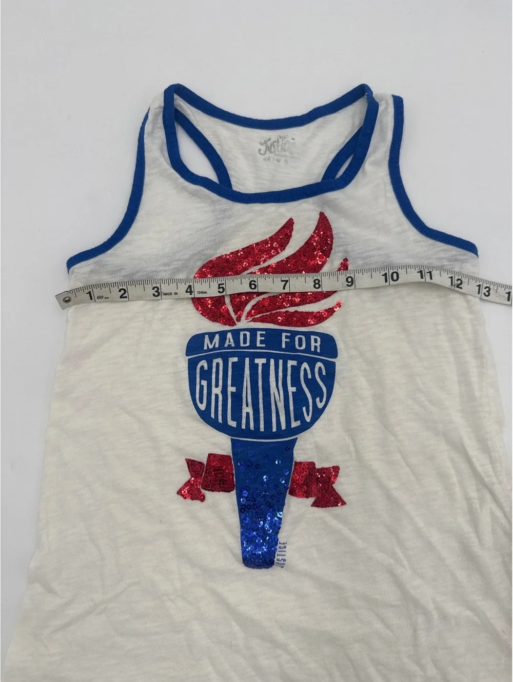 Justice Girls' 8 White Racerback Tank Top with Glitter Torch Graphic